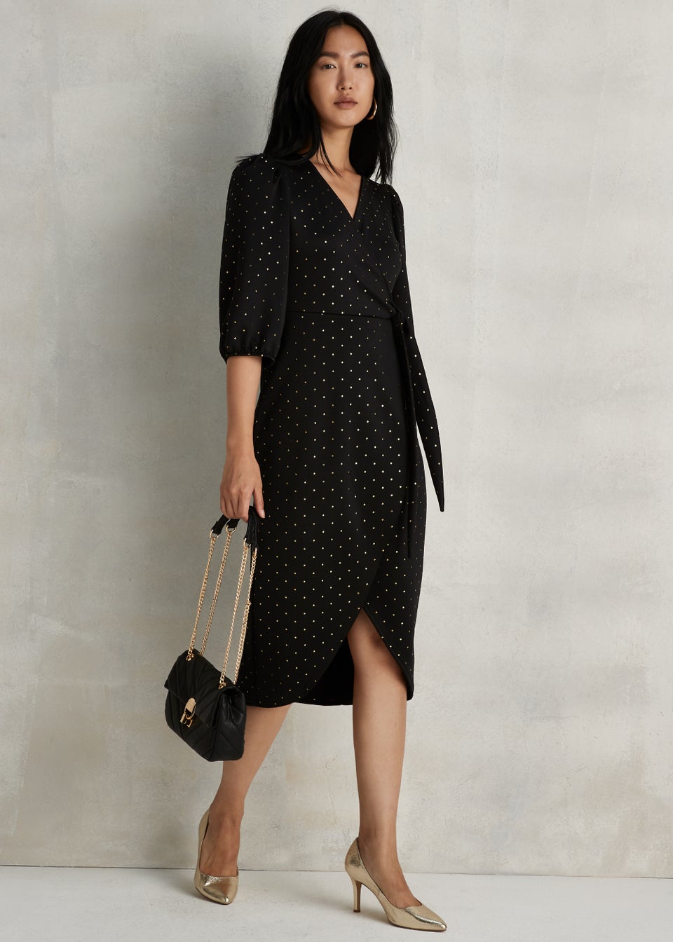 Black Gold Stud Wrap Midi Dress Matalan