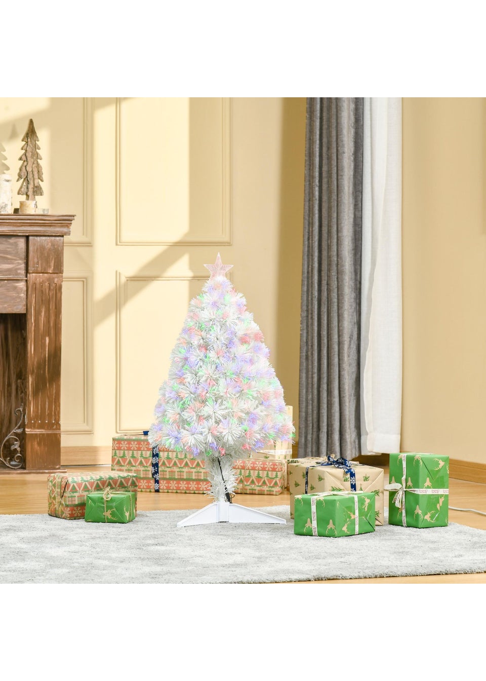 HOMCOM 2.5FT Prelit Artificial Tabletop Christmas Tree with Fibre Optics Holiday Home Xmas Decoration for Table and Desk, White