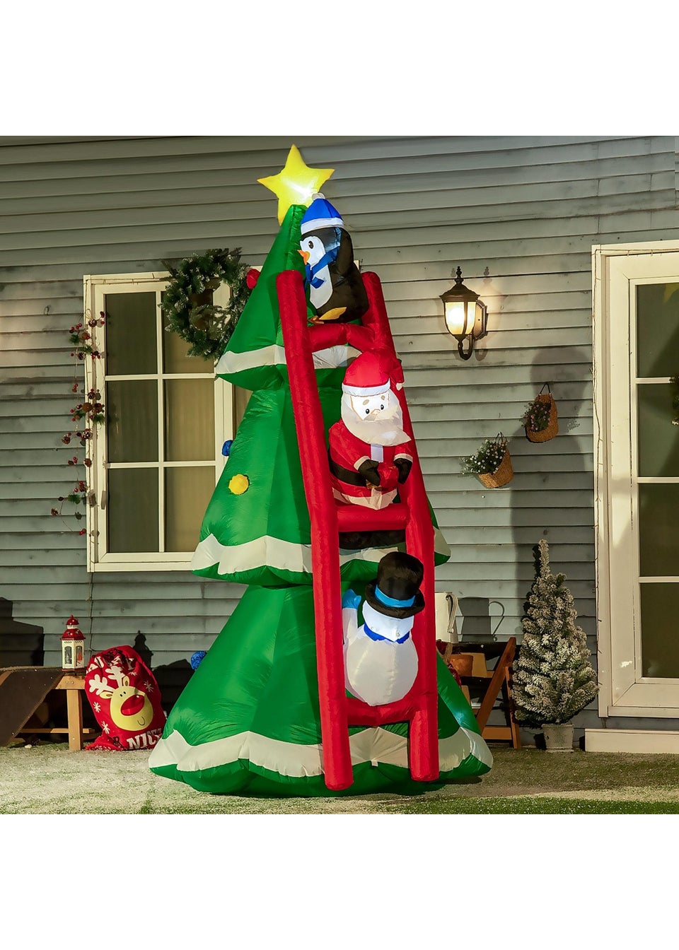 HOMCOM Inflatable Christmas Tree with Santa Claus, Penguin and Snowman on a Ladder (8Ft)