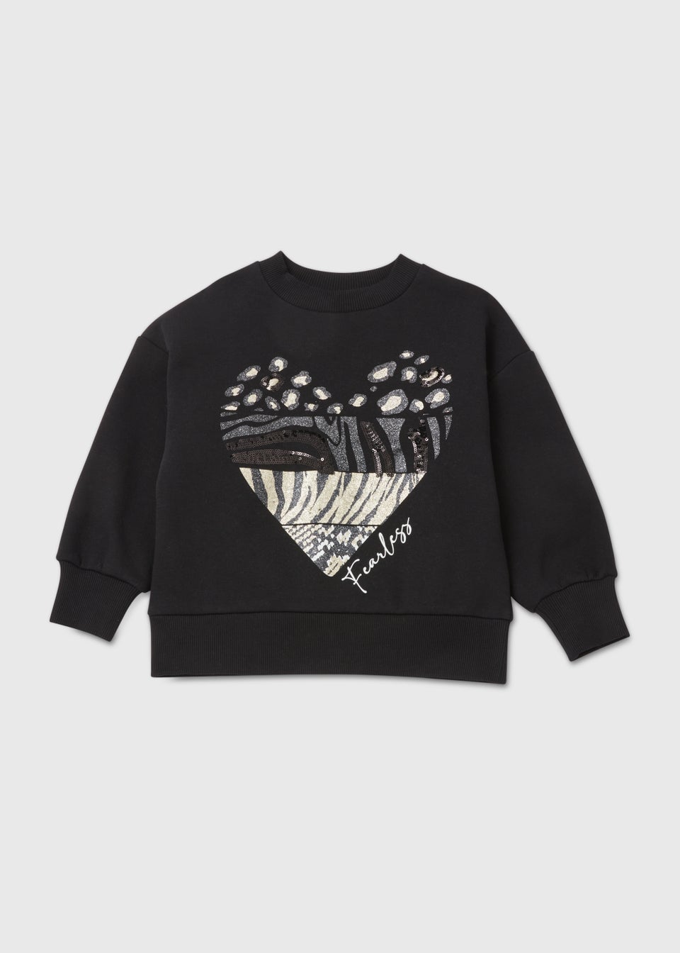 Girls Black Fearless Animal Heart Sweatshirt (4-13yrs)
