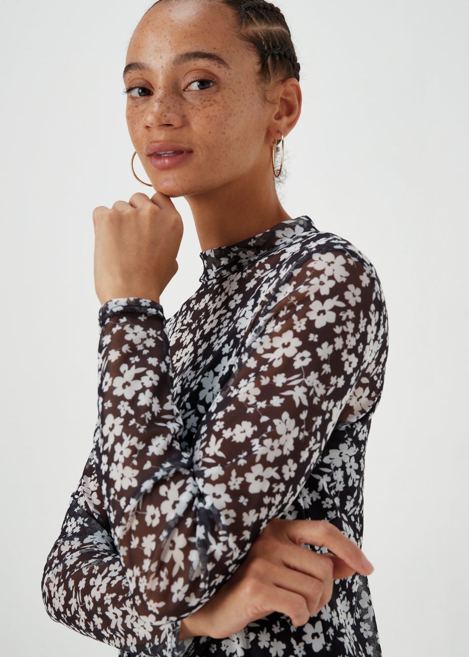Monochrome Floral Mesh Midi Dress