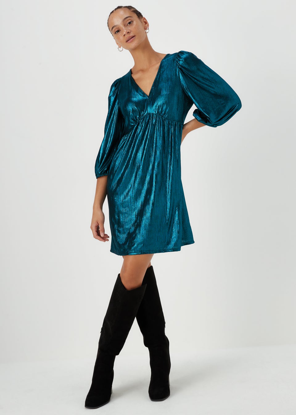Turquoise Metallic Ribbed Belted Mini Dress