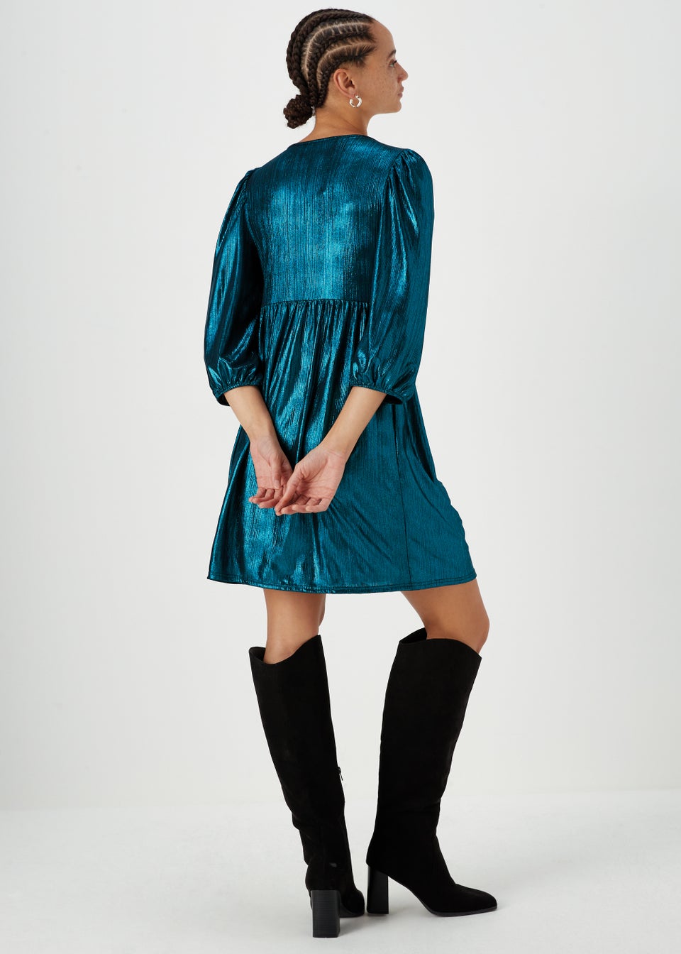 Turquoise Metallic Ribbed Belted Mini Dress