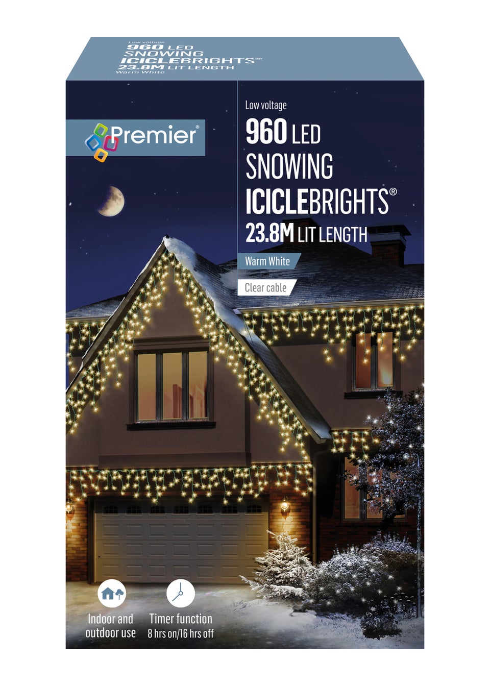 Premier Decorations 960 Warm White LED Snowing Iciclebrights