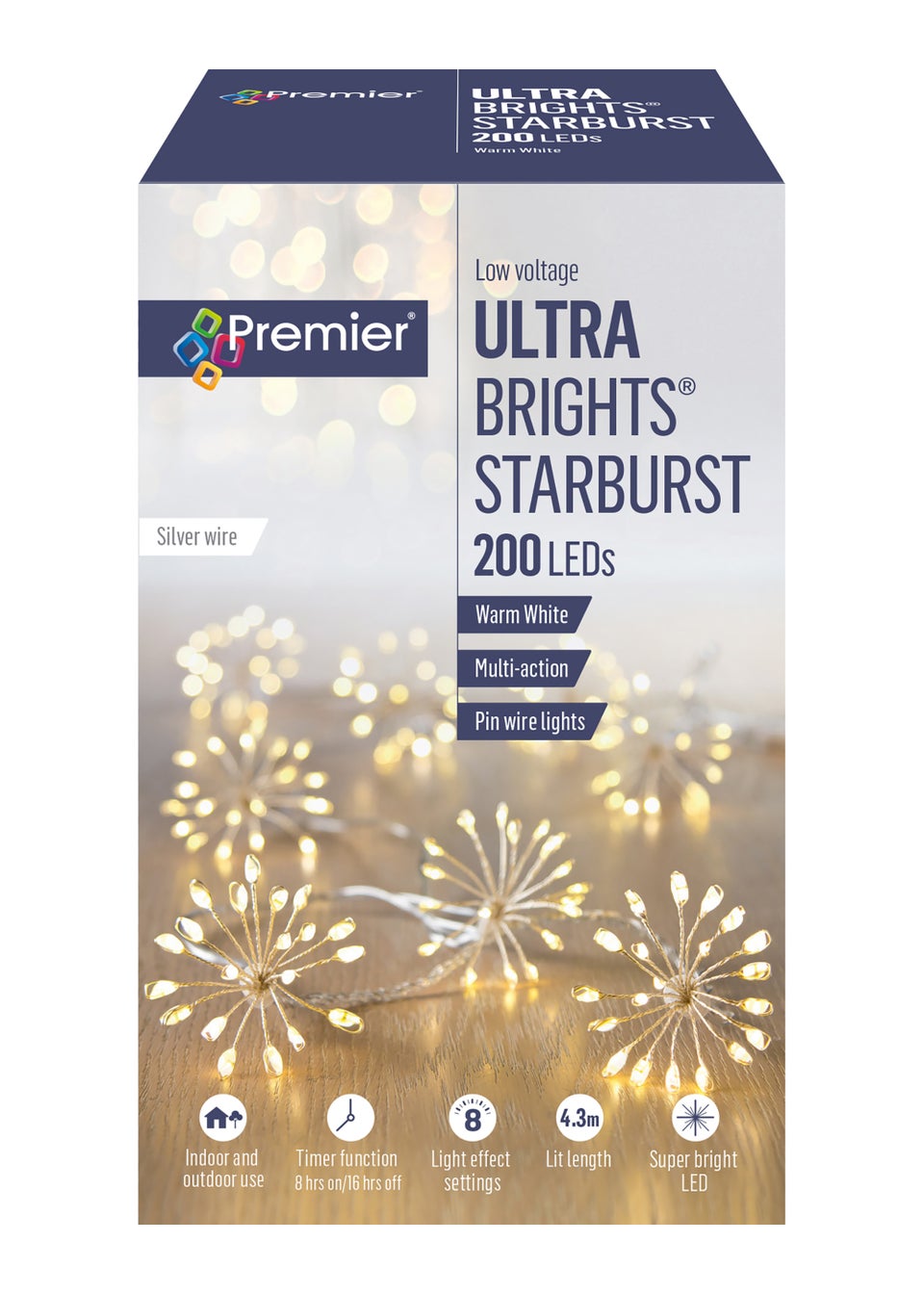 Premier Decorations 200 Warm White LED UltraBrights Starburst Pin Wire Lights