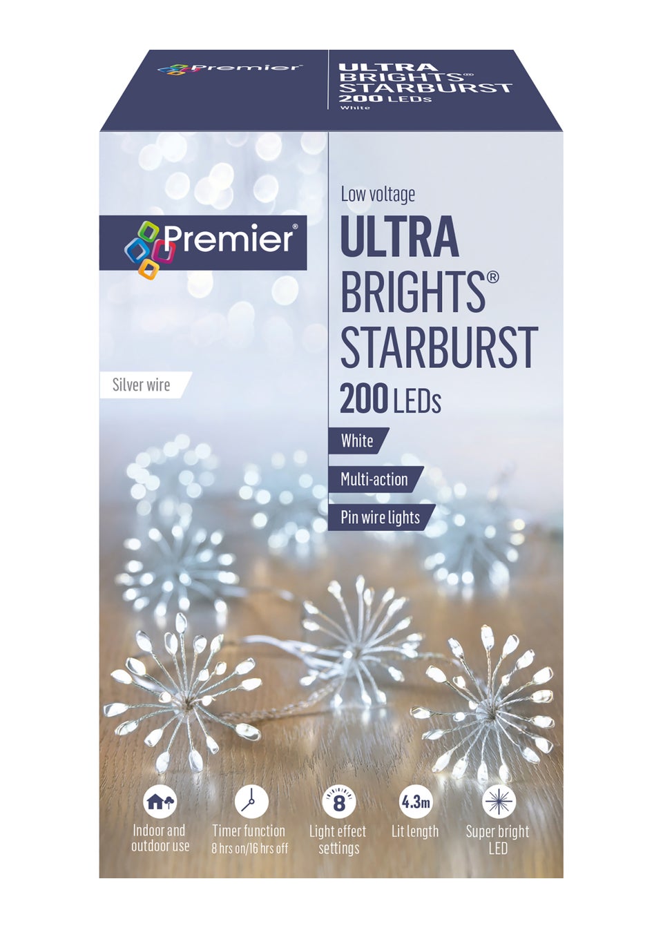Premier Decorations 200 White LED Ultra Brights Starburst Pin Wire Lights