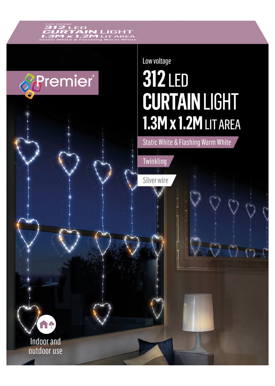 Premier Decorations 312 White LED Twinkling Heart Curtain Light