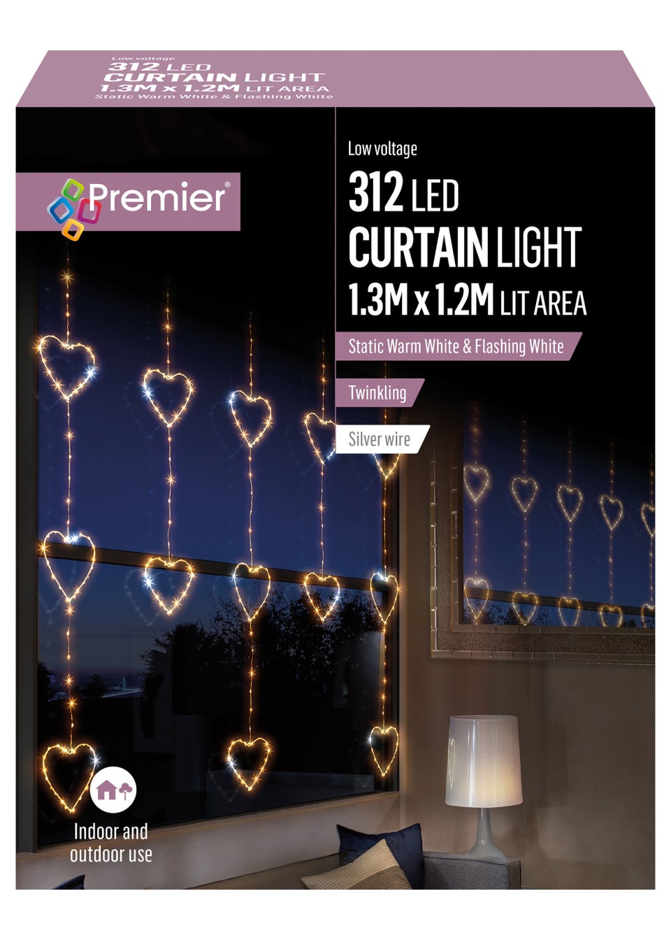 Premier Decorations 312 Warm White LED Twinkling Heart Curtain Light