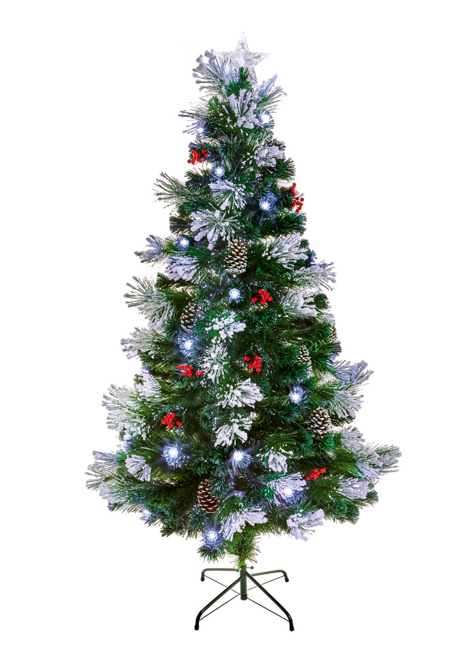 Premier Decorations Snow Tipped Fibre Optic Tree with Pine cones Berries and White LEDs 5ft