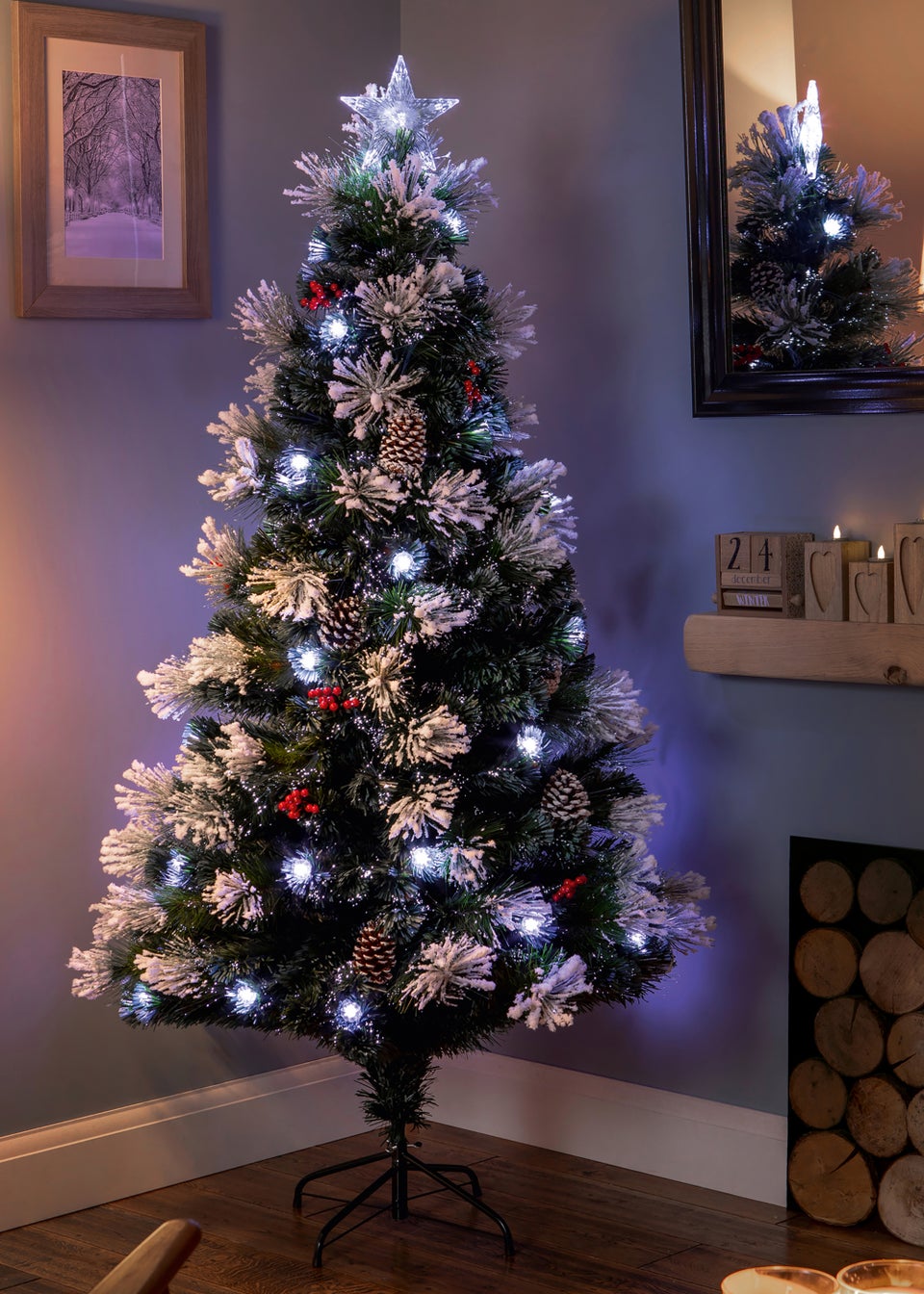 Premier Decorations Snow Tipped Fibre Optic Tree with Pine cones Berries and White LEDs 6ft