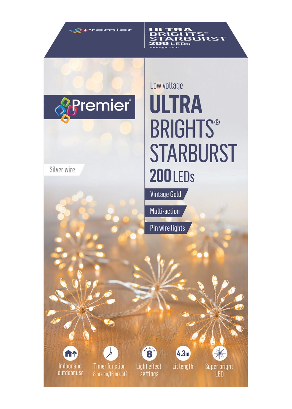 Premier Decorations 200 Vintage Gold LED Ultra Brights Starburst Pin Wire Lights