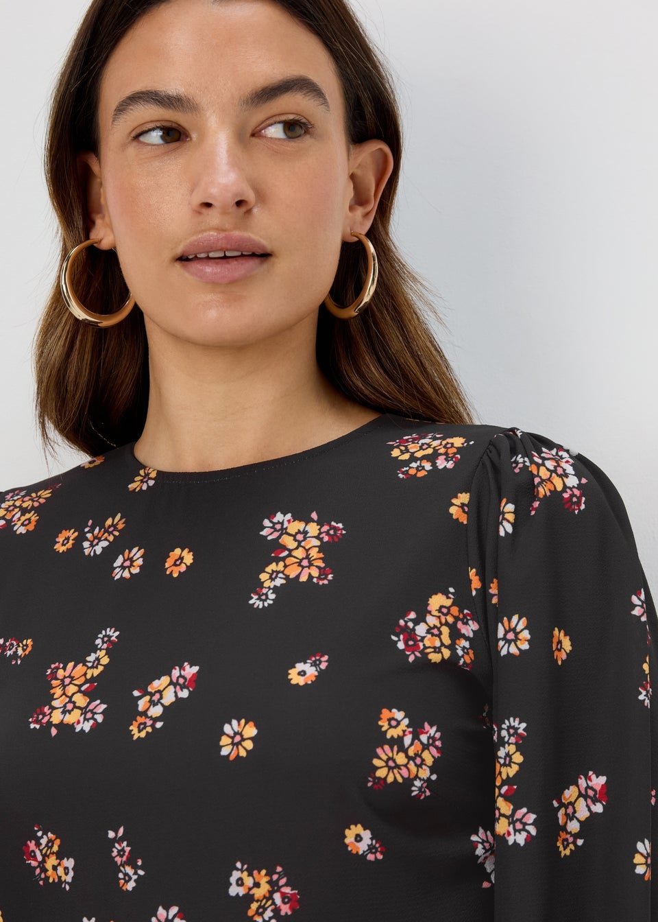 Black Floral Print Ruffle Long Sleeve Mini Dress