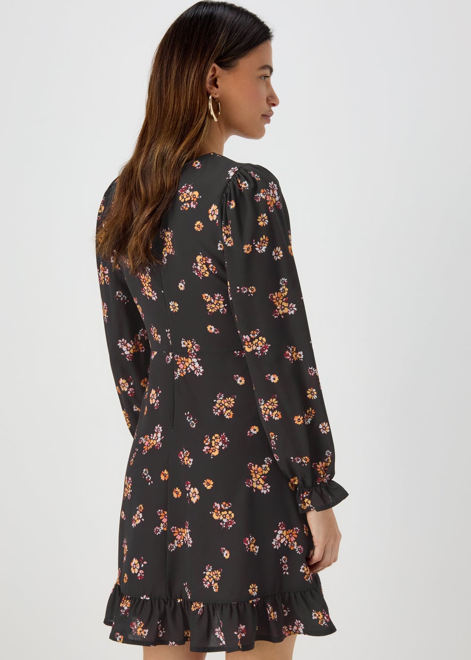 Black Floral Print Ruffle Long Sleeve Mini Dress - Matalan