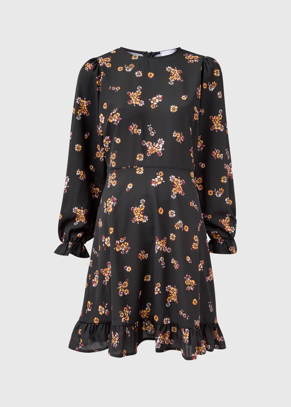 Black Floral Print Ruffle Long Sleeve Mini Dress
