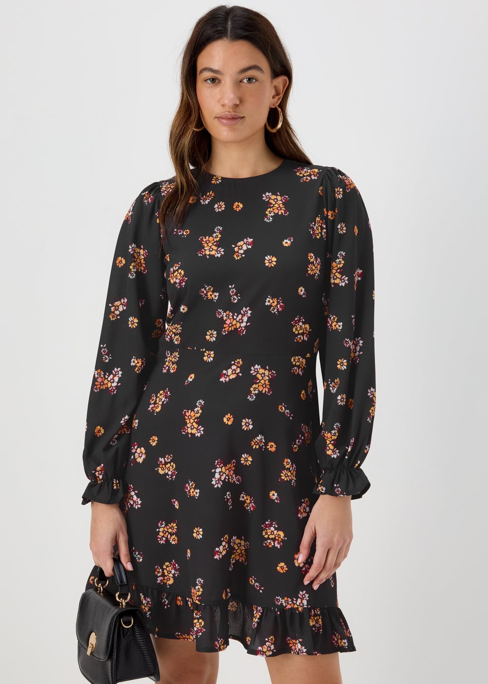 Black Floral Print Ruffle Long Sleeve Mini Dress