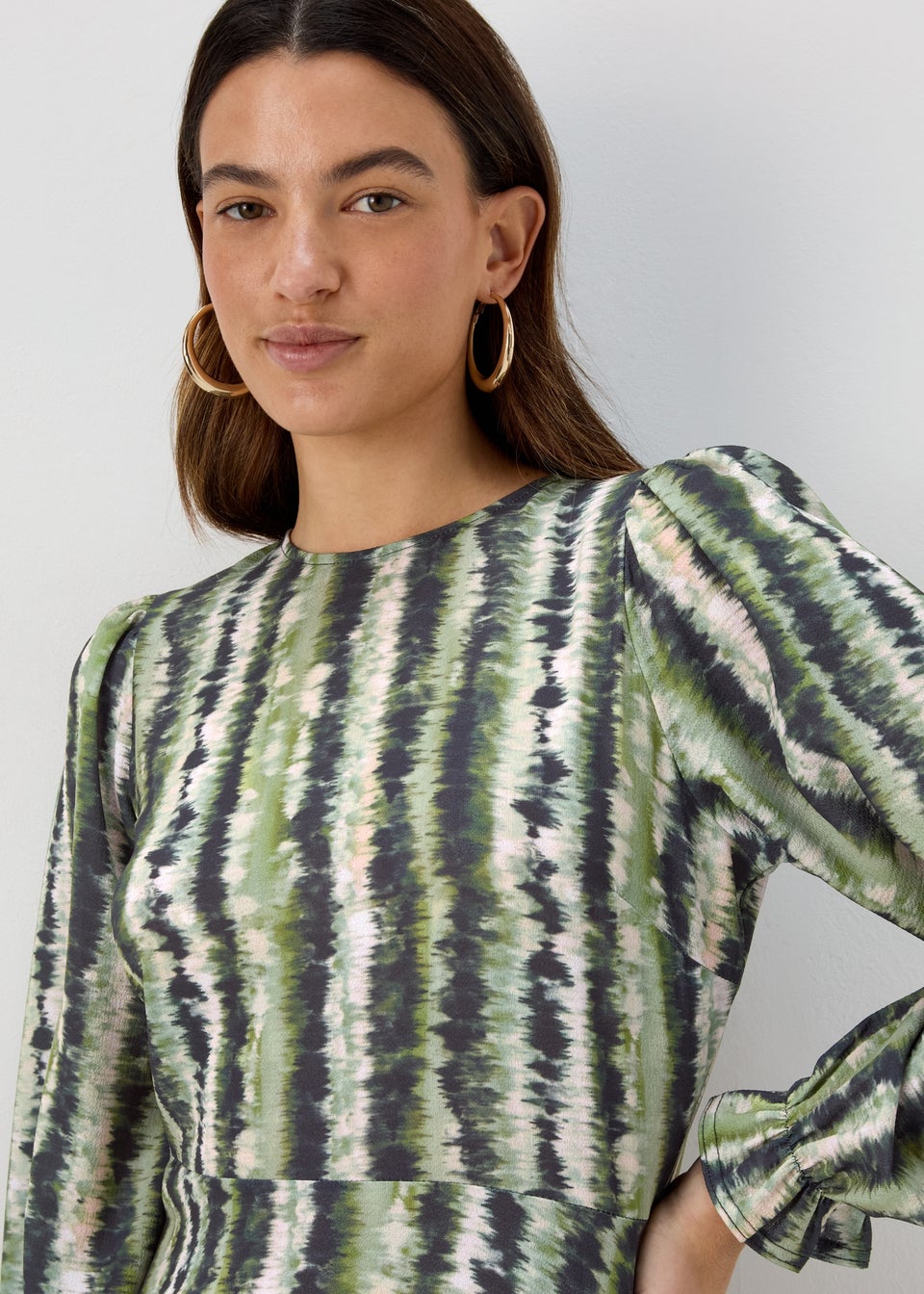 Green Print Ruffle Long Sleeve Mini Dress - Matalan