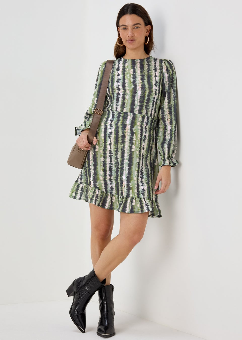 Green Print Ruffle Long Sleeve Mini Dress