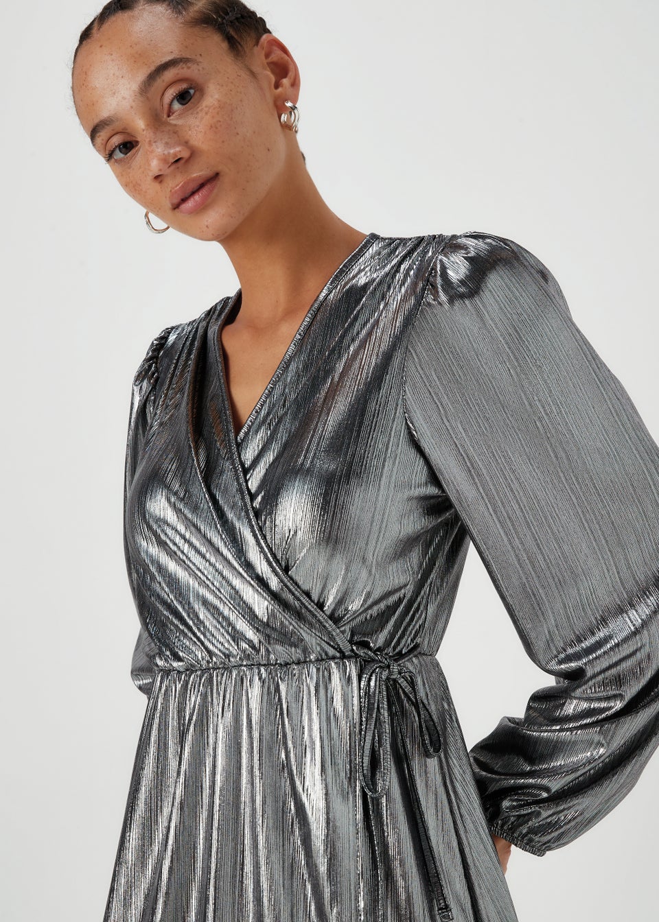 Papaya Petite Silver Metallic Plisse Wrap Mini Dress