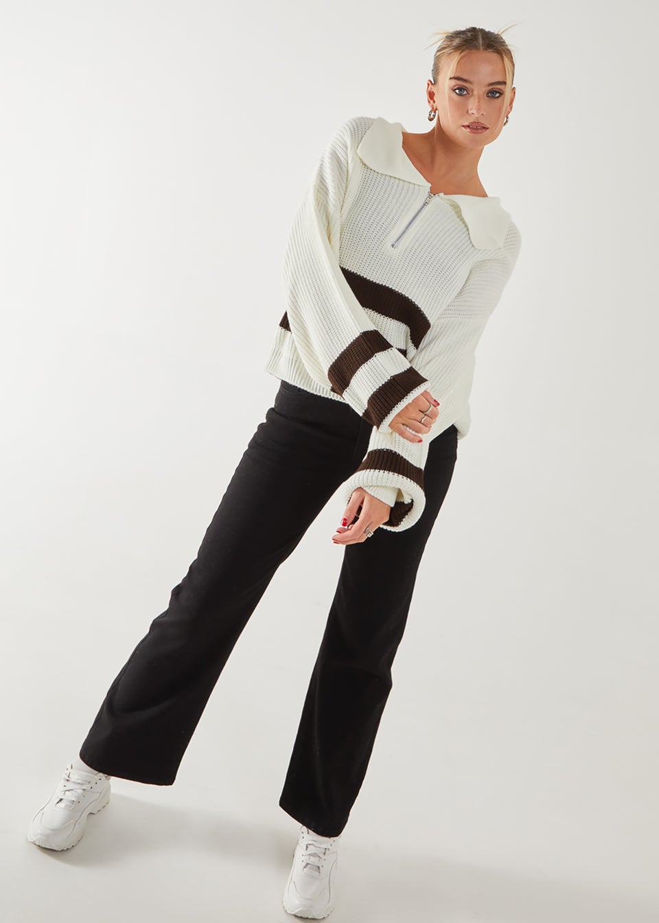 Pink Vanilla Ivory Stripe Zip-Up Collar Knitted Jumper