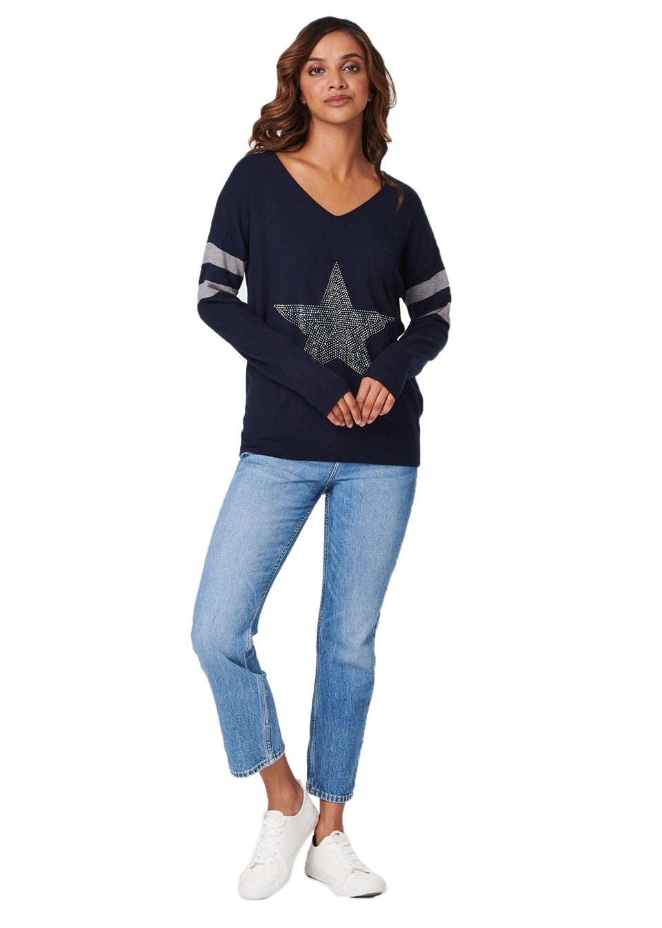 Izabel London Navy Star Embellished Knit Jumper