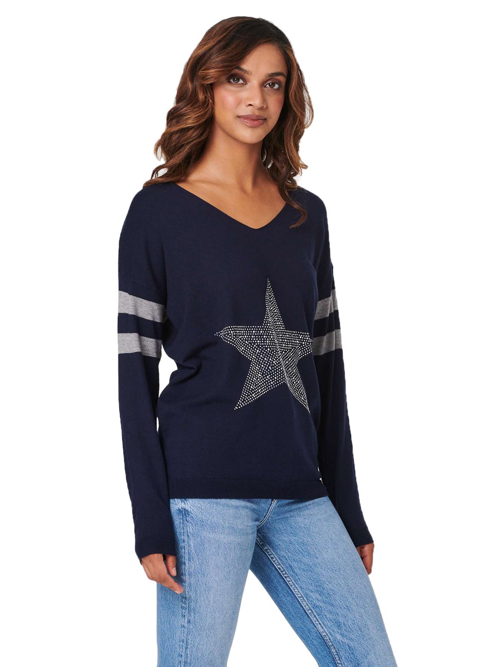 Izabel London Navy Star Embellished Knit Jumper