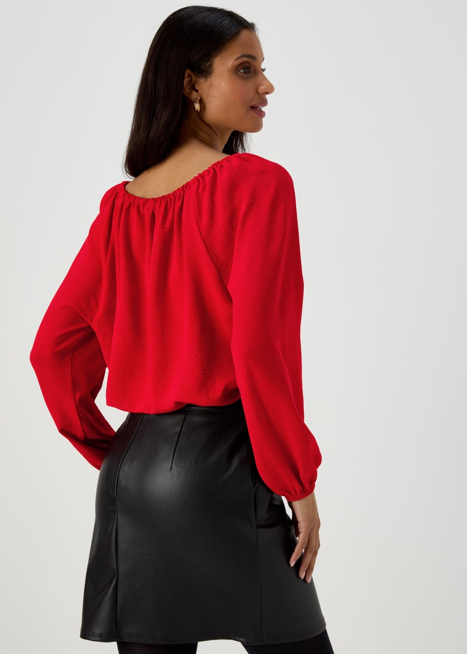 Red Long Sleeve Tie Blouse