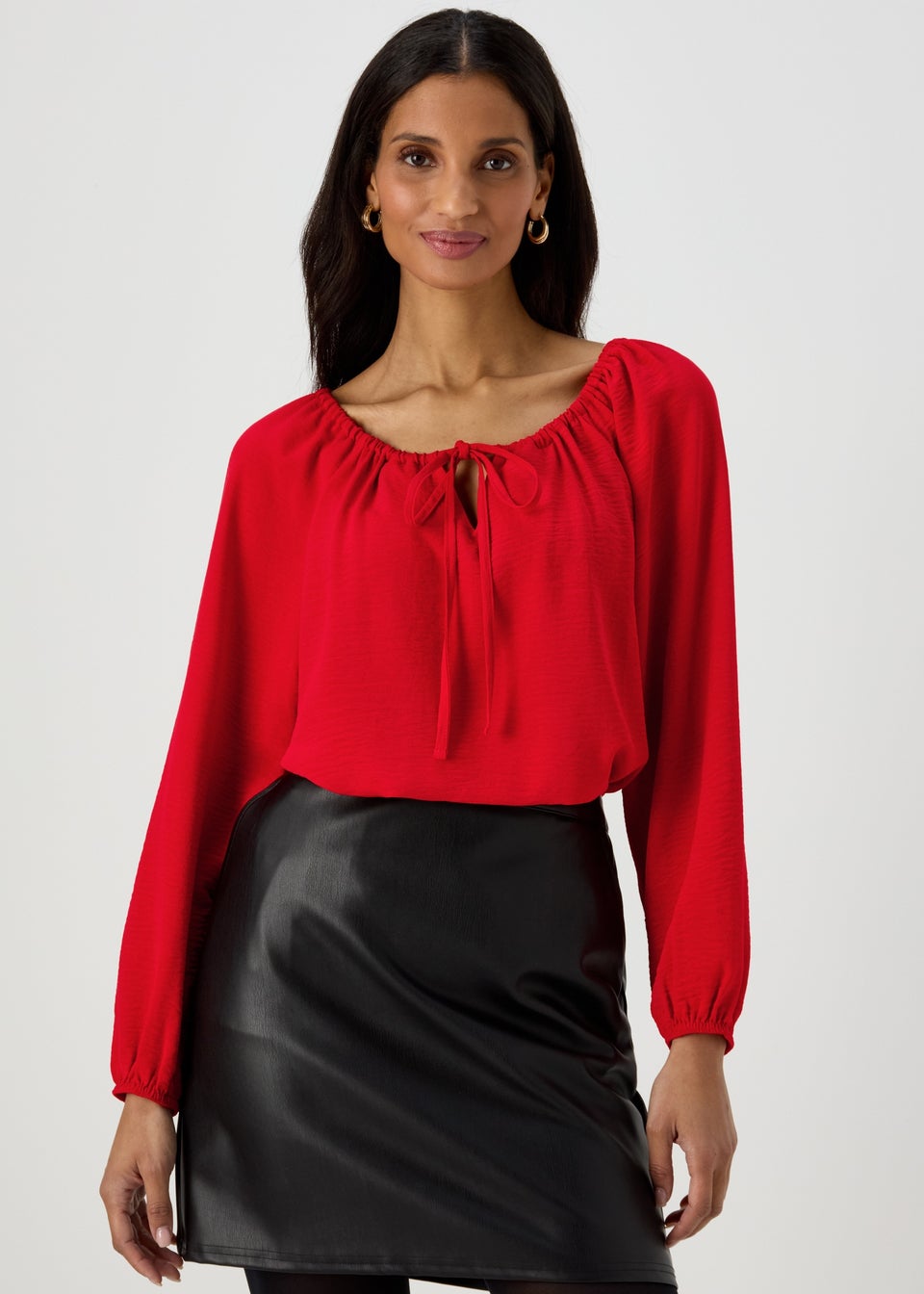 Red Long Sleeve Tie Blouse