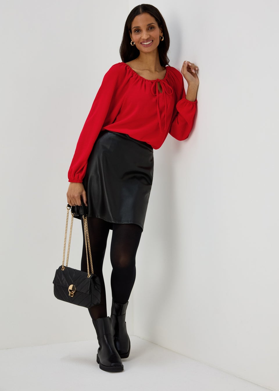 Red Long Sleeve Tie Blouse