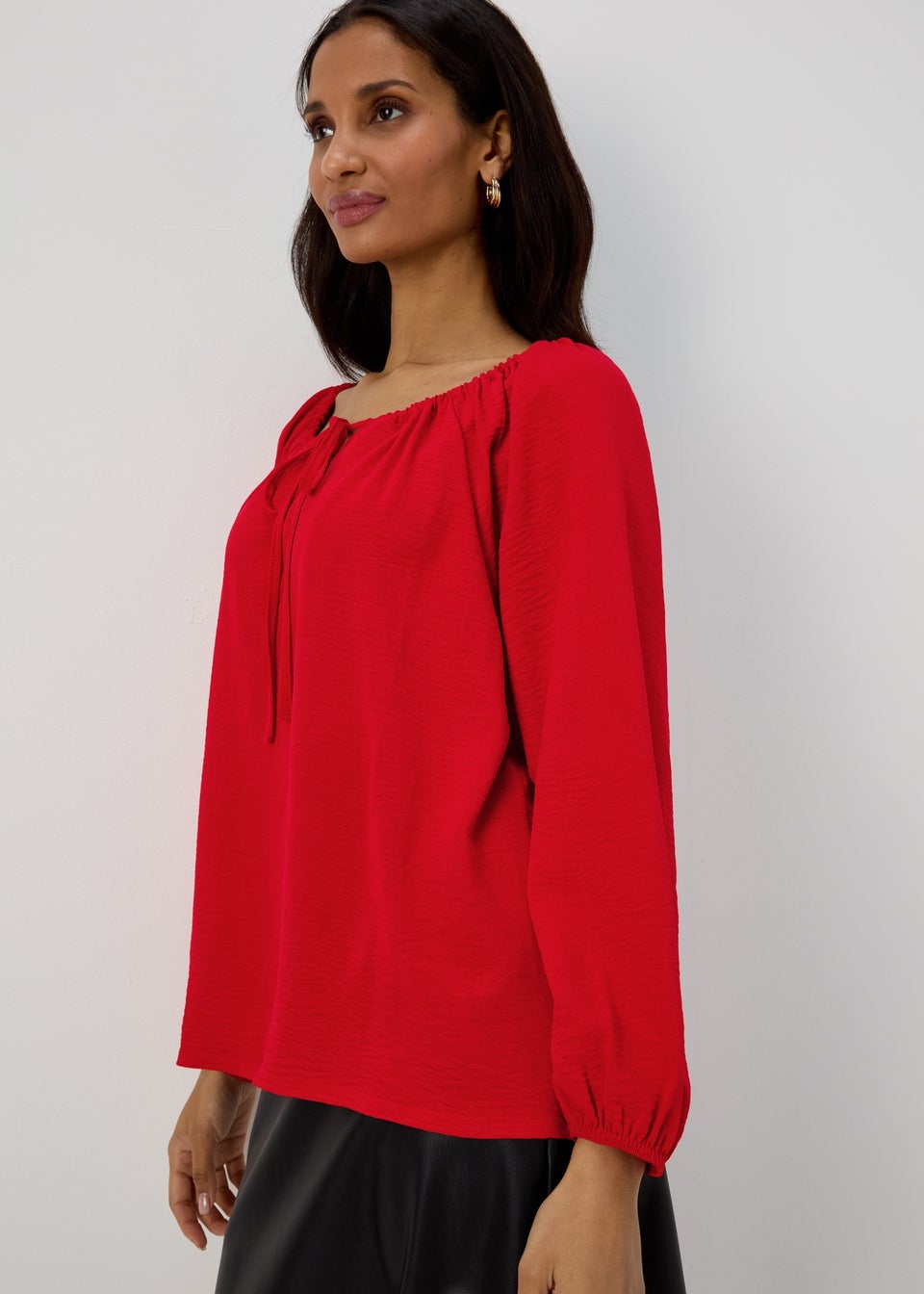 Red Long Sleeve Tie Blouse