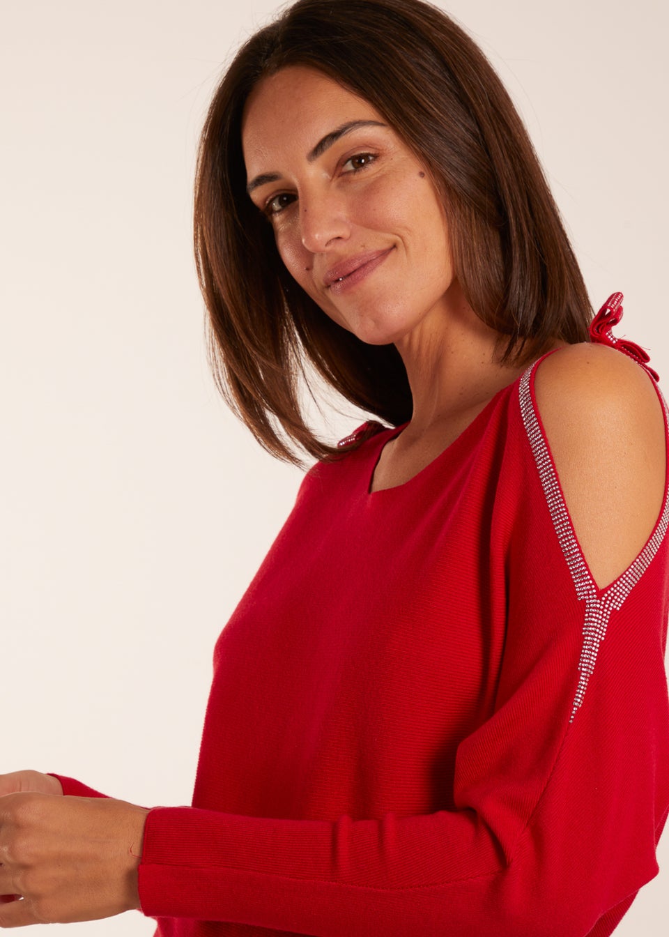 Blue Vanilla Red Diamante Bow Shoulder Detailed Batwing Jumper