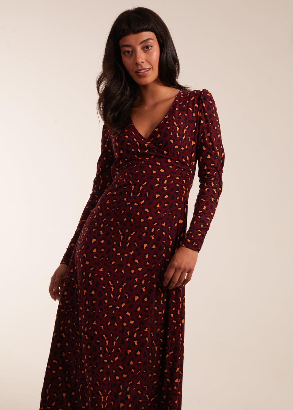 Blue Vanilla Burgundy Leopard Print Wrap Front Ruched Midi Dress