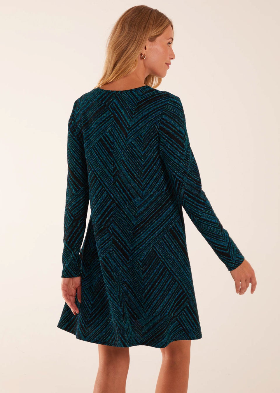 Blue Vanilla Teal Stripe Glittery Long Sleeve Shift Mini Dress