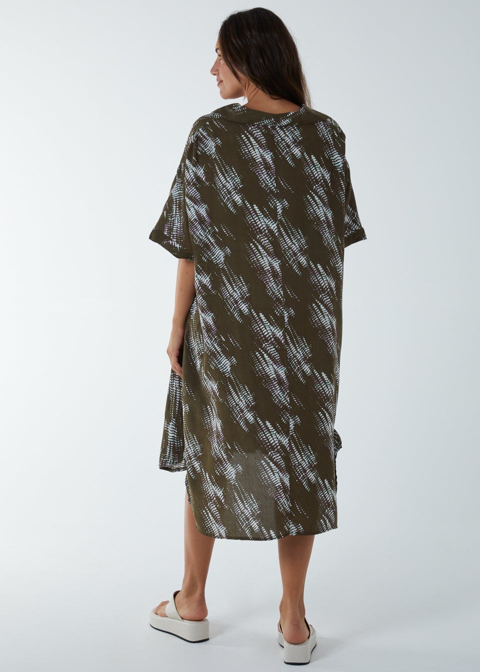 Blue Vanilla Khaki Printed Collar Tunic Dress