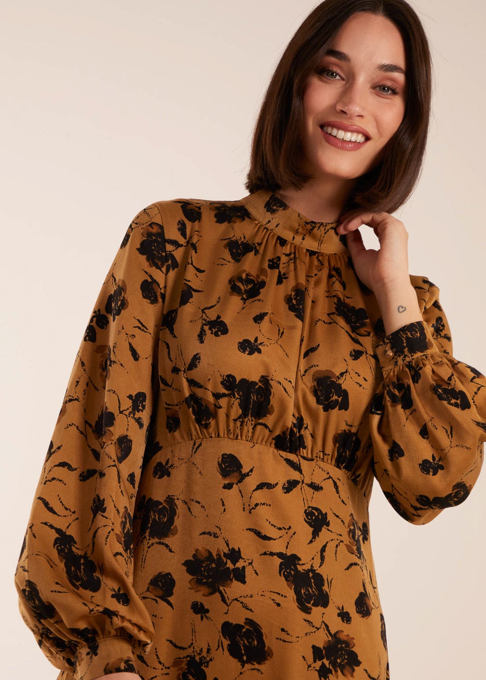 Blue Vanilla Gold High Neck Midi Dress With Tiered Skirt and Puff Long Sleeve