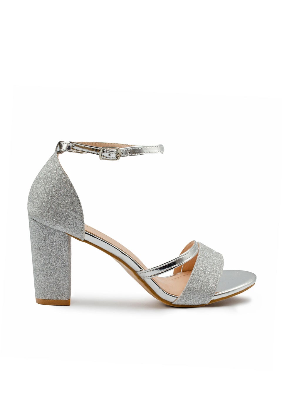 Where's That From Silver Glitter Perla Mid Block Heel Sandals