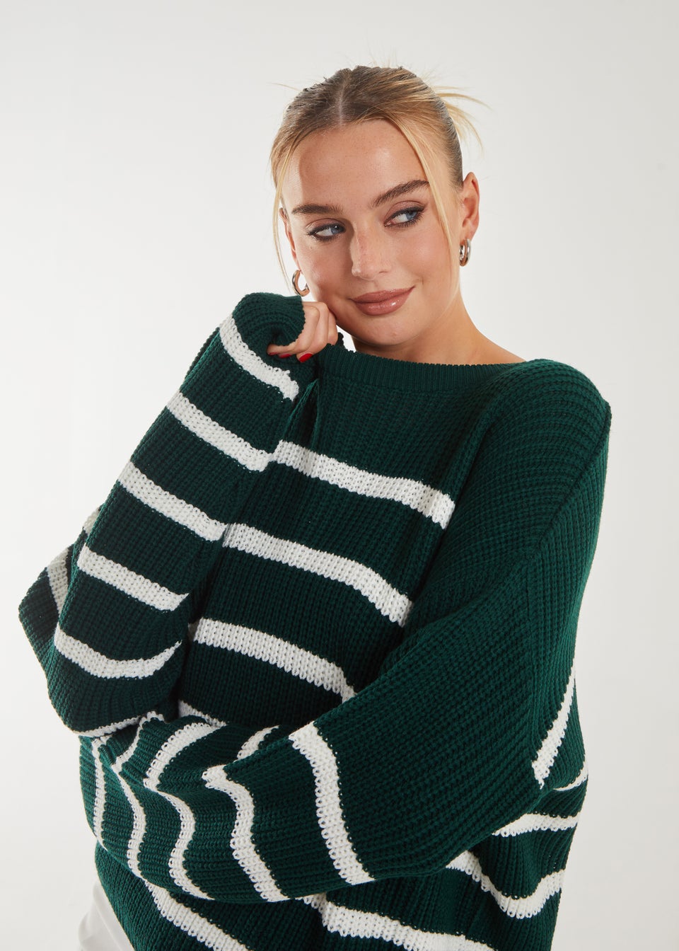 Pink Vanilla Bottle Green Striped Knitted Funnel Neck Jumper