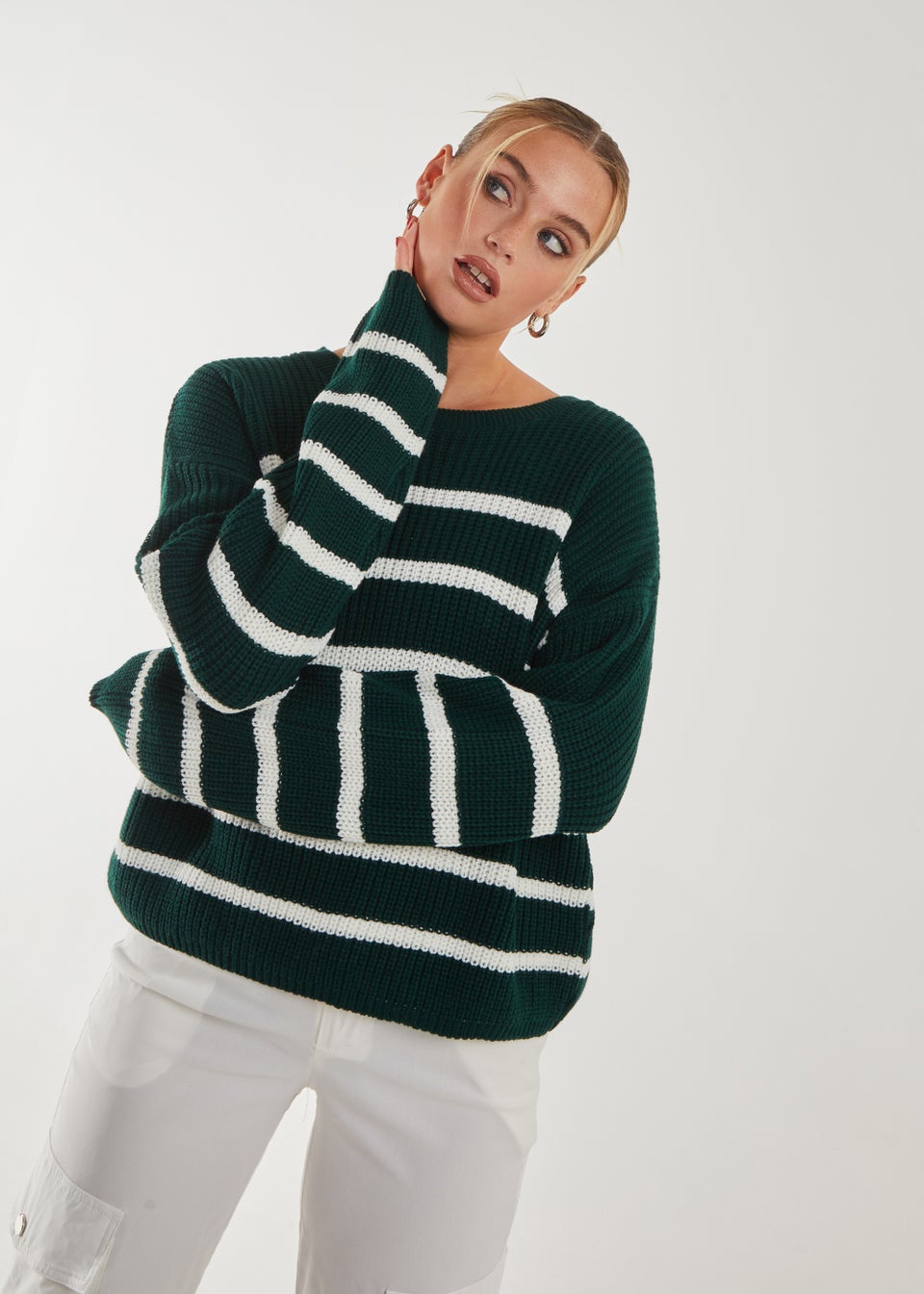 Pink Vanilla Bottle Green Striped Knitted Funnel Neck Jumper