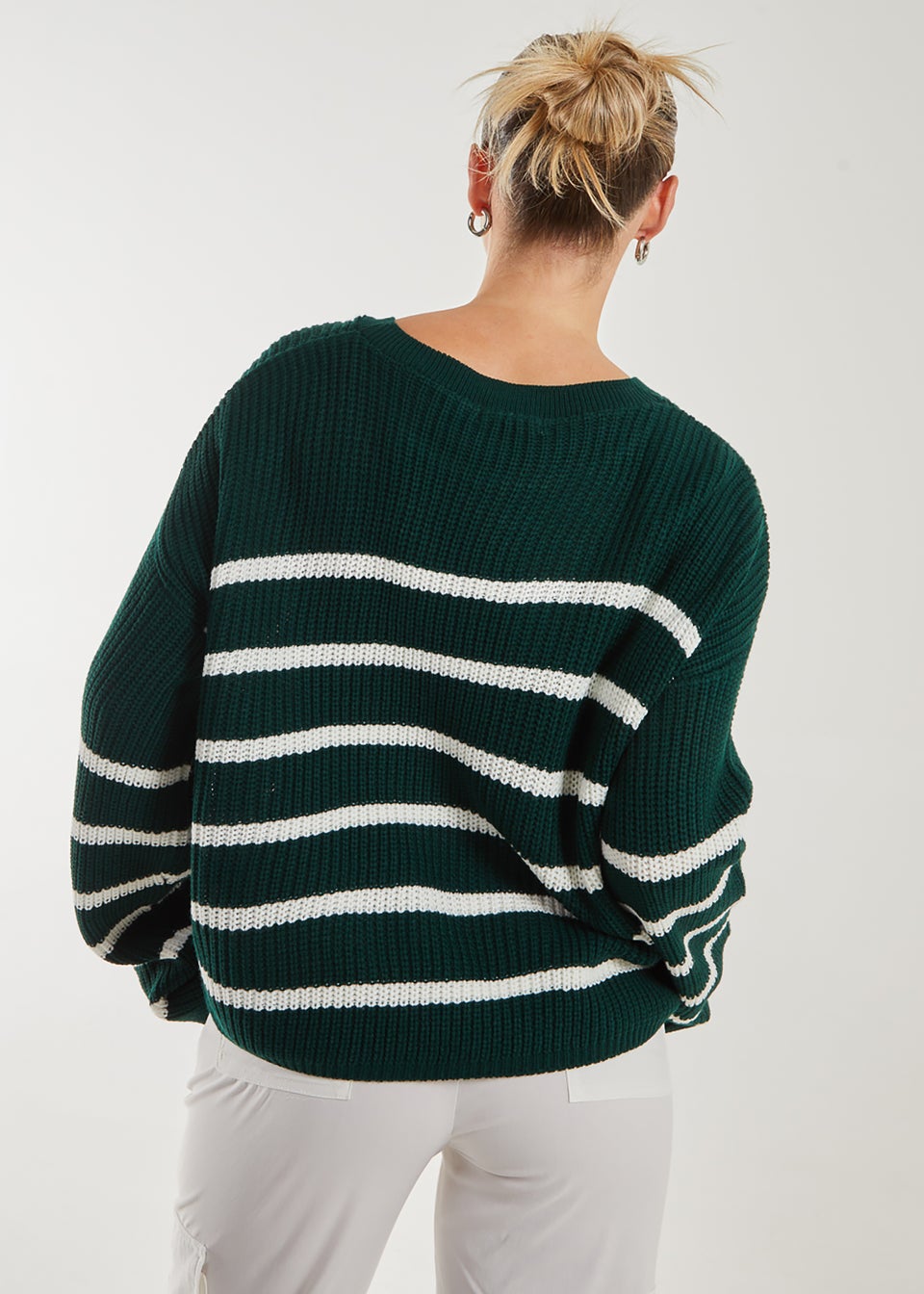 Pink Vanilla Bottle Green Striped Knitted Funnel Neck Jumper