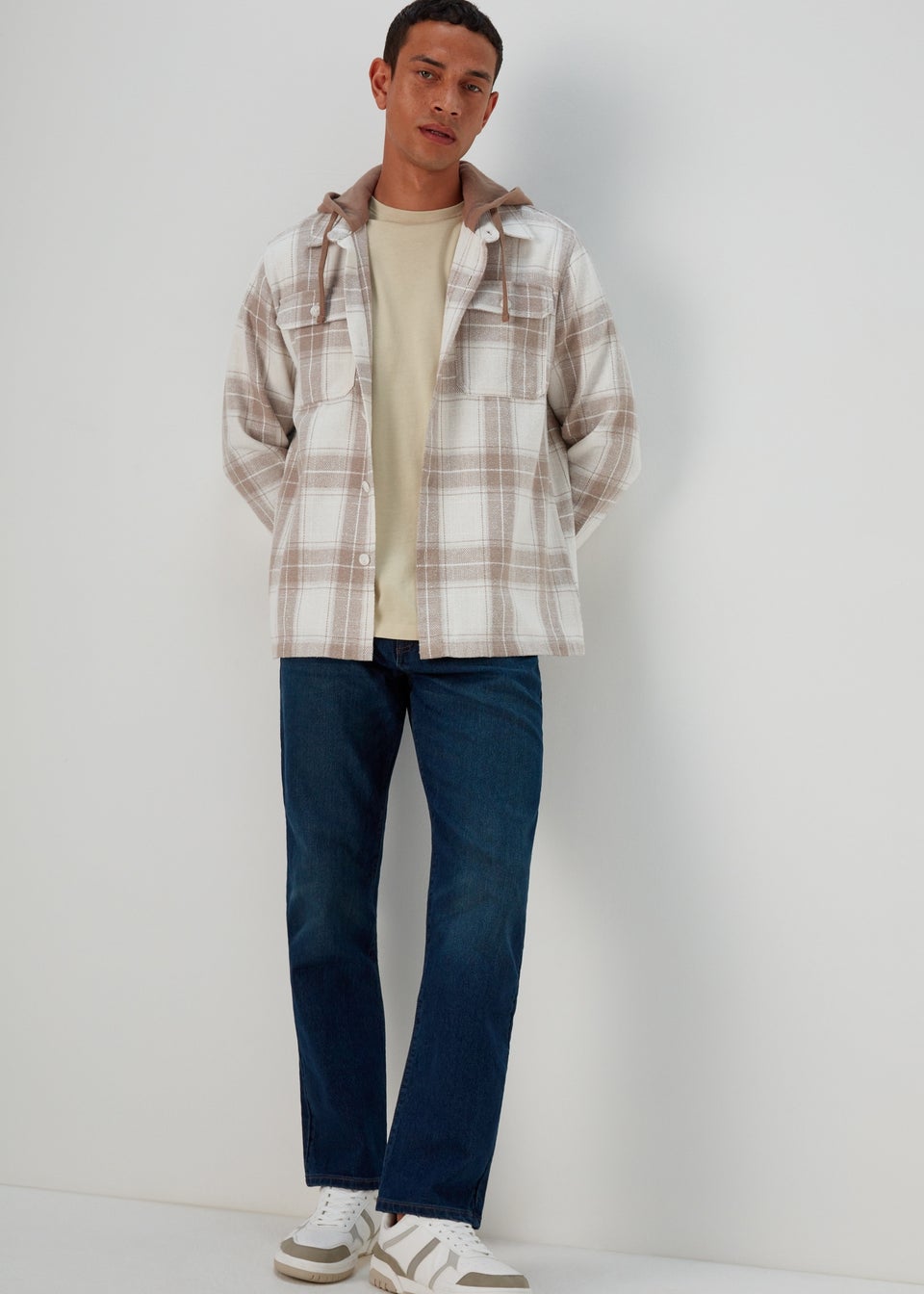 Beige Check Hooded Overshirt