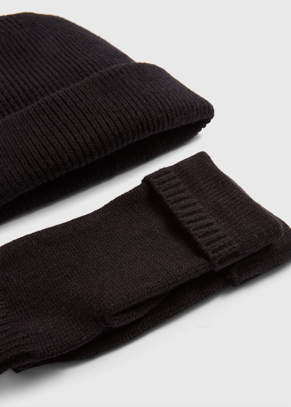 Black Ribbed Beanie & Fingerless Gloves Set