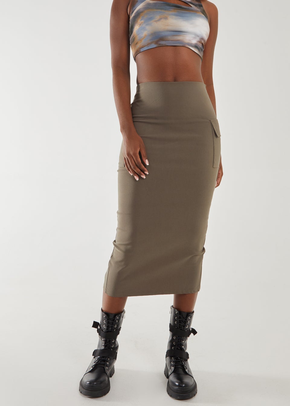 Pink Vanilla Khaki Utility Cargo Midi Skirt