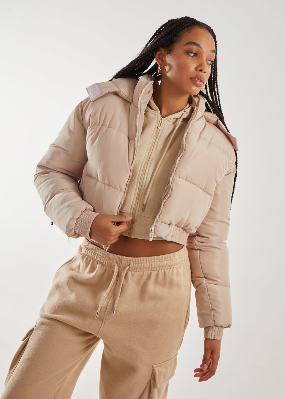 Pink Vanilla Stone Cropped Padded Hooded Coat Matalan