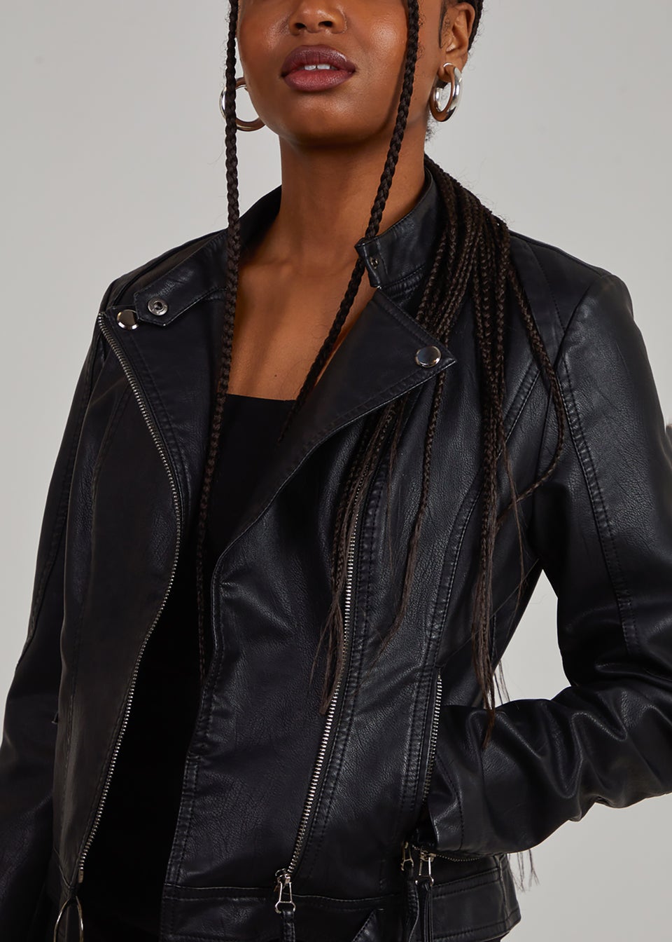 Pink Vanilla Black Faux PU Leather Biker Jacket Matalan