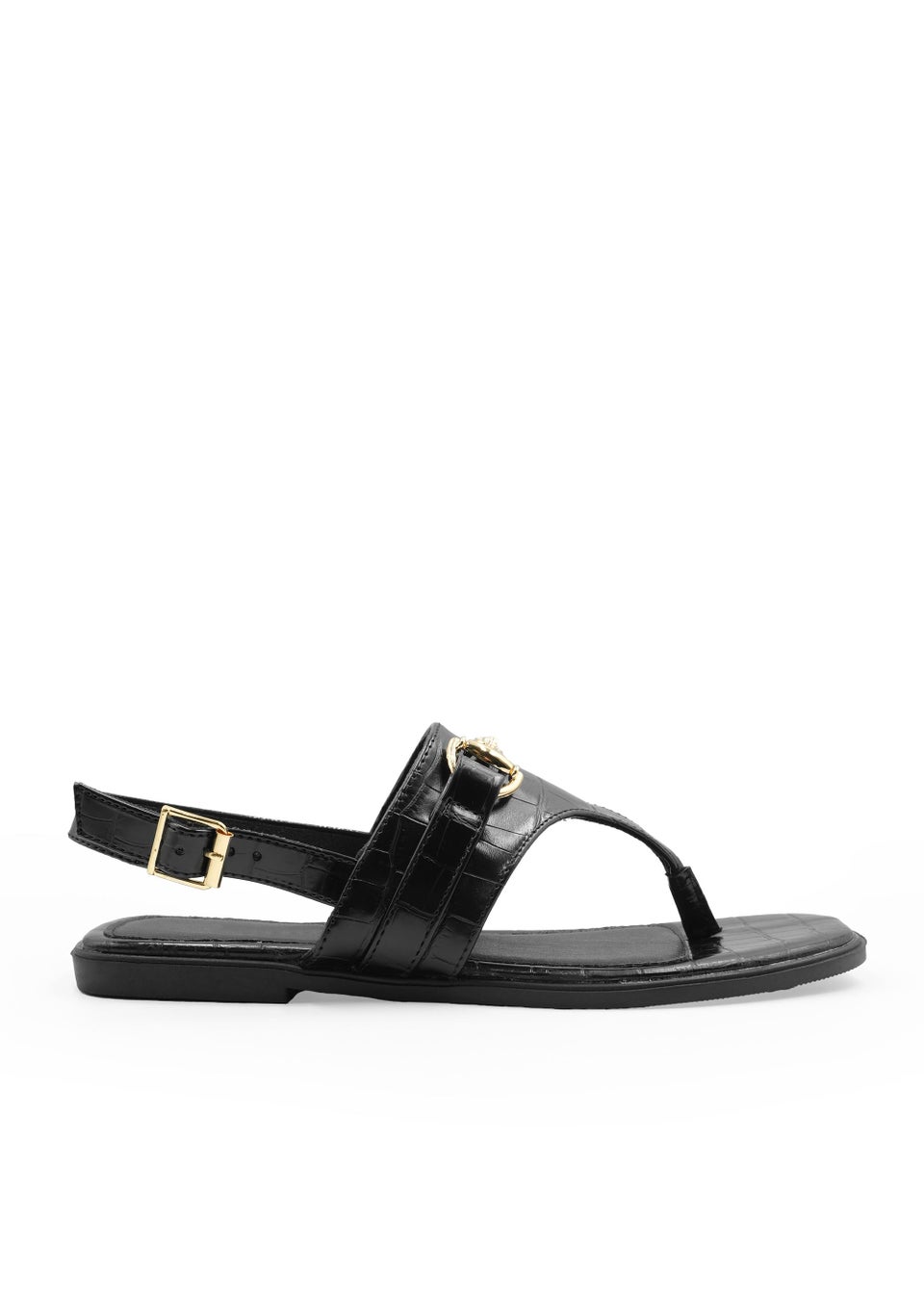 Where s That From Black Croc Pu Brianna Toe Post Sandals Matalan