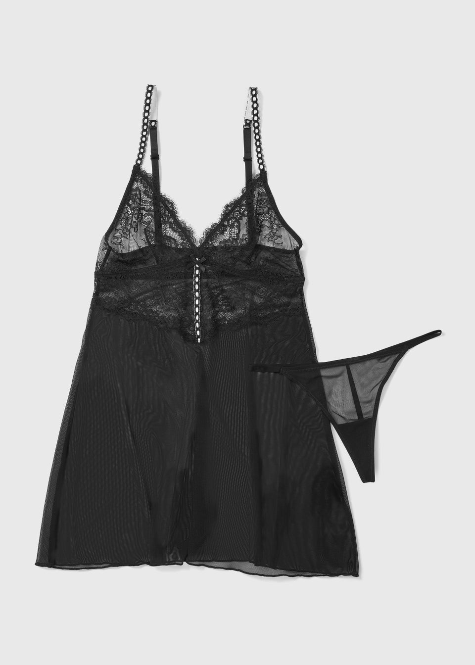 Black Ribbon Slot Babydoll & Thong Set
