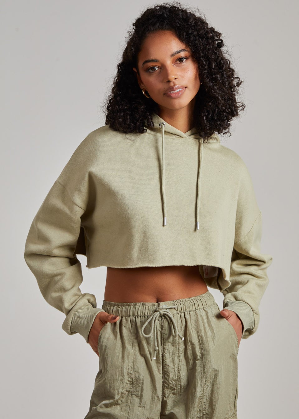Pink Vanilla Sage Raw Hem Cropped Hoodie