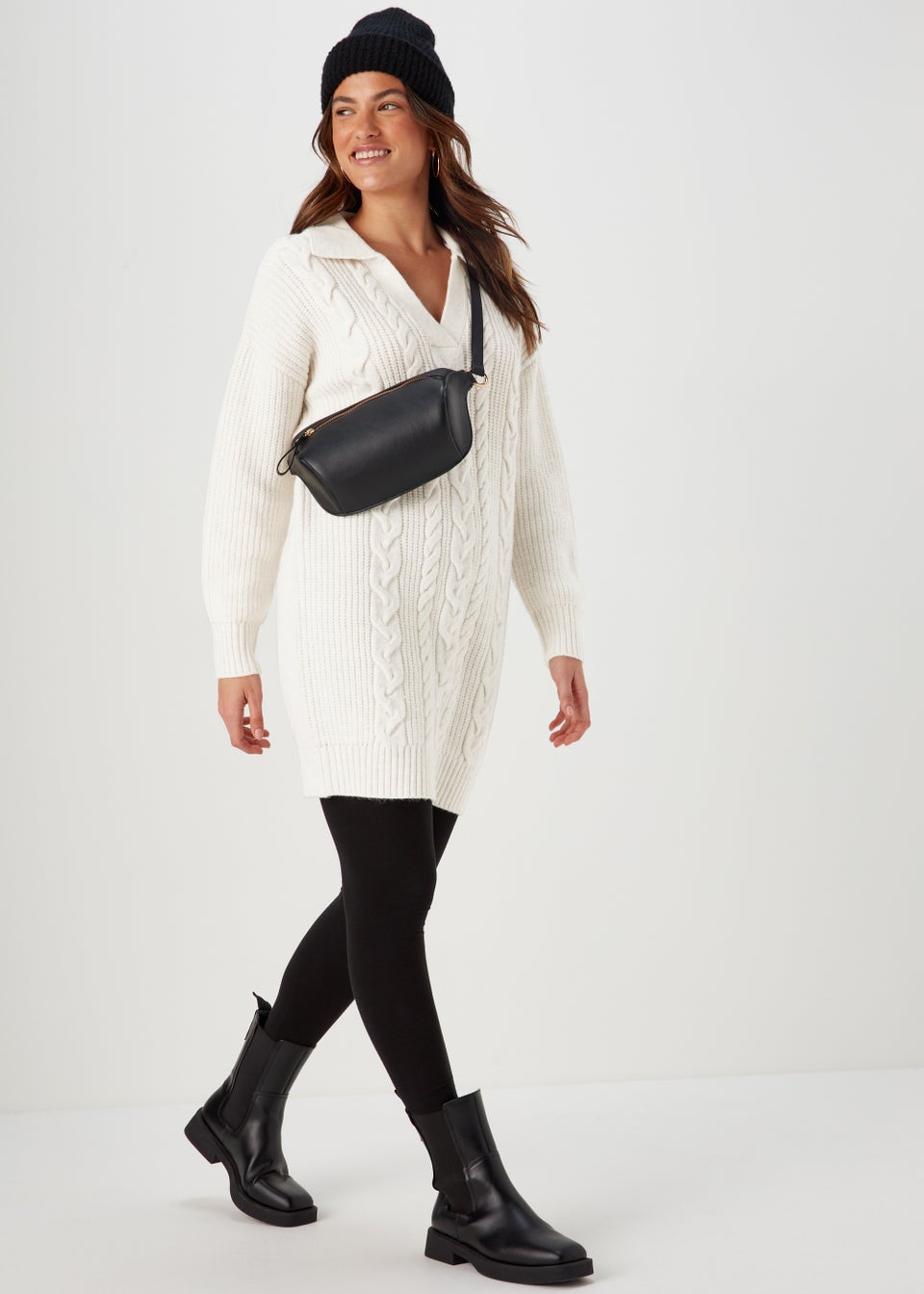 Ivory Open Collar Cable Knit Dress