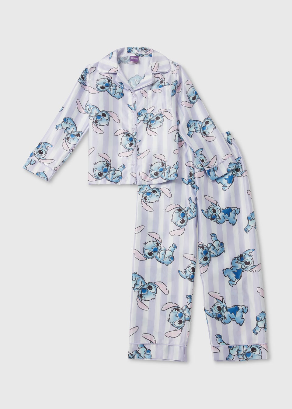 Kids Purple Stitch Print Satin Traditional Button Up Pyjamas (4-12)