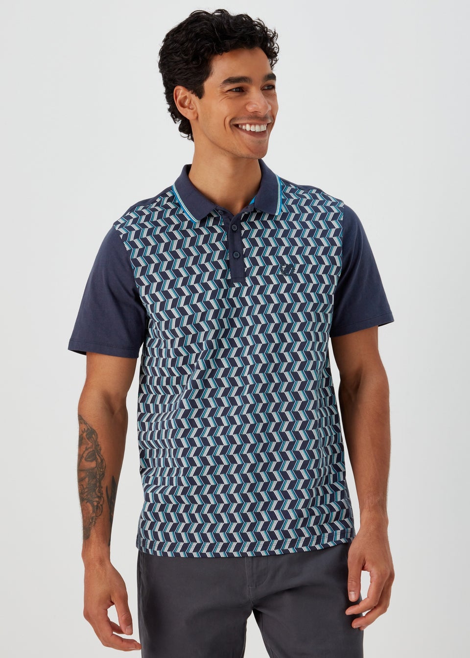 Navy & Teal Print Smart Polo Shirt
