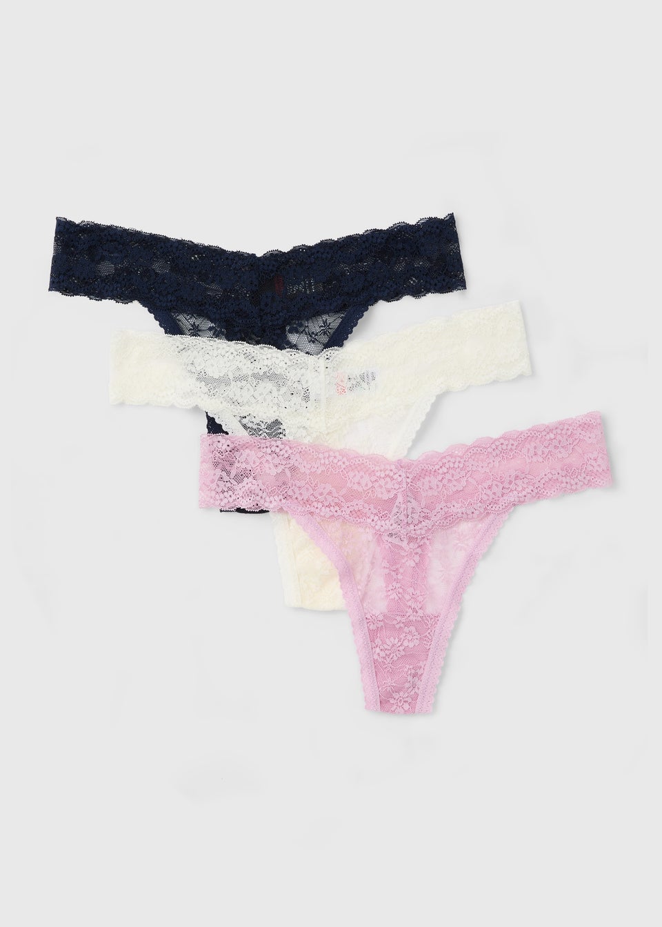 3 Pack Lilac/ Navy/ White Lace Thongs